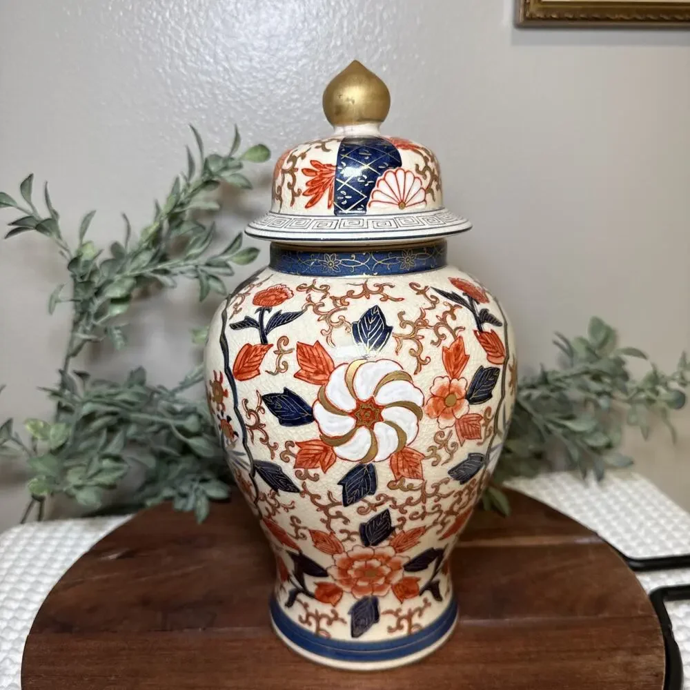 Vintage LJ Japan Imari Style Ginger Jar Lidded Vase Crackle Glaze Chinoiseri 11”